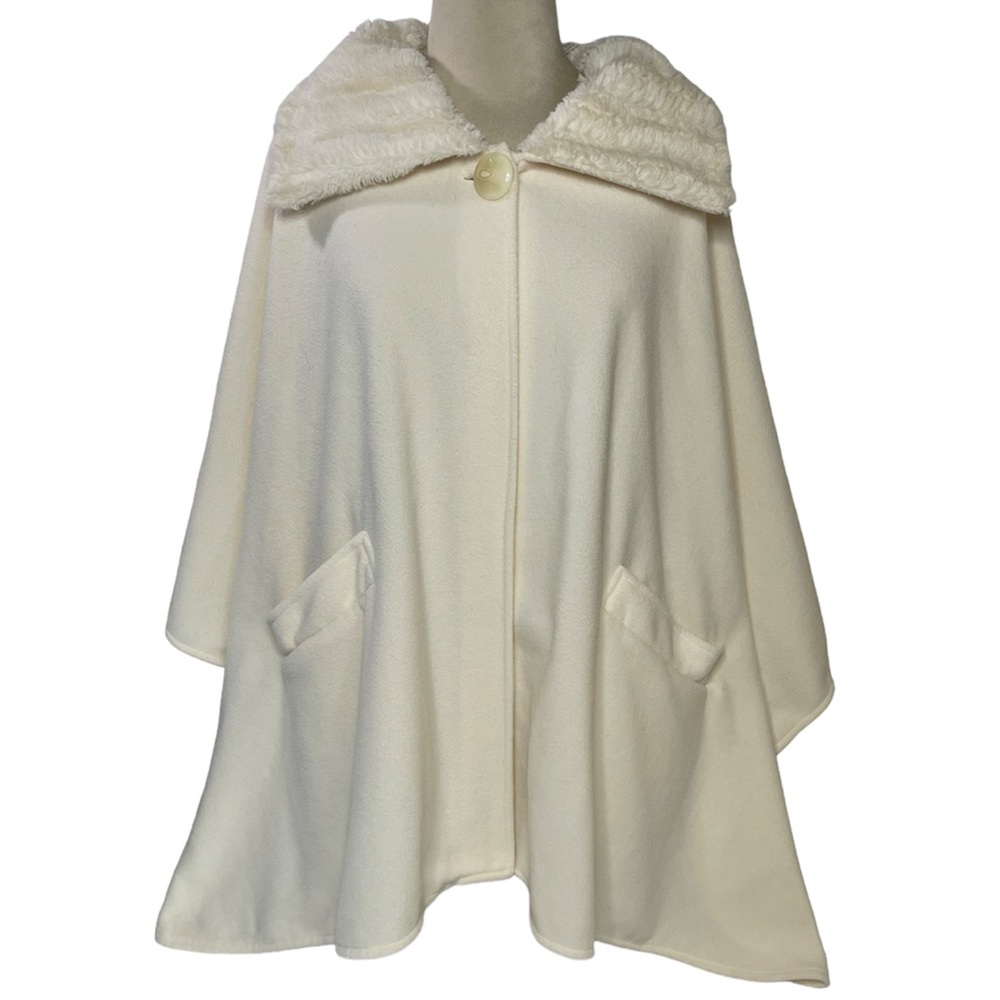 Luxury Cape Coat Fur Collar Button Shawl Wrap Winter White Ivory Whimsy Coquette - Picture 2 of 13